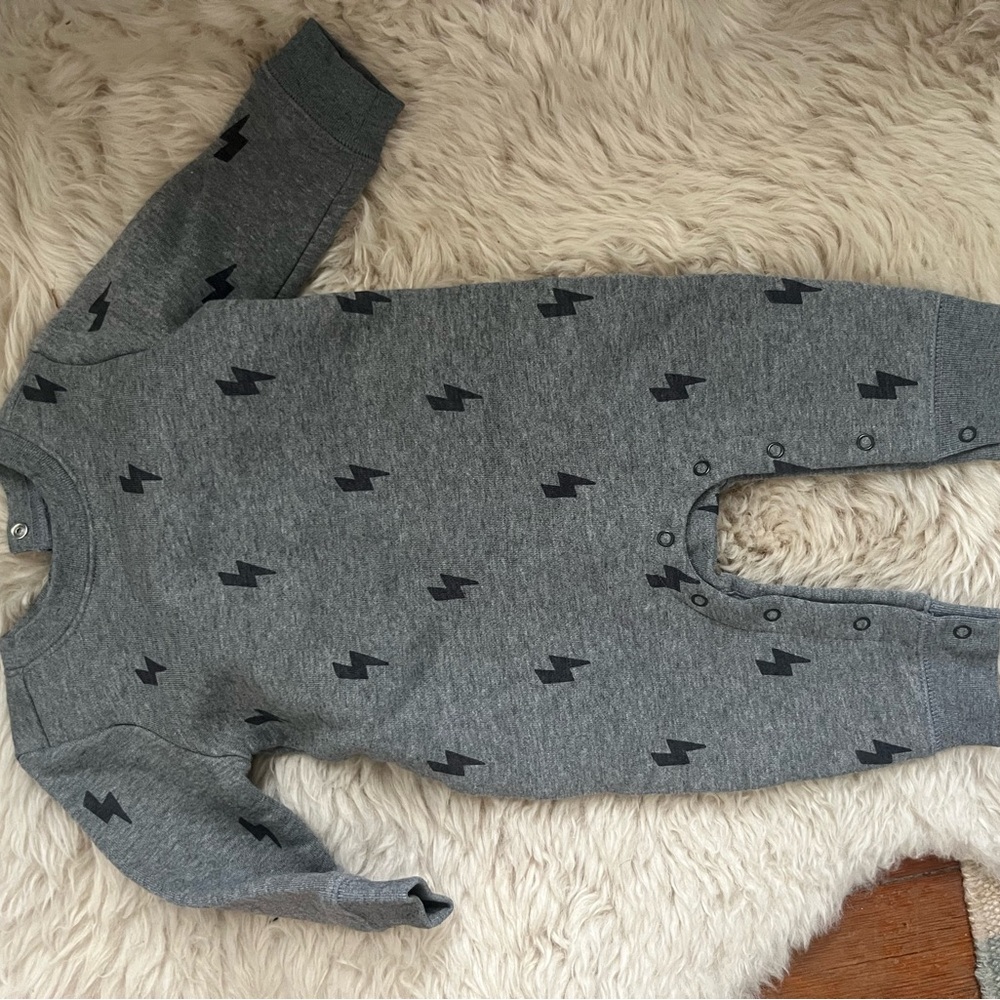 Primary Charcoal Lightning Bolt Kids Footie sweatshirt romper 3-6